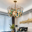 "An agate chandelier with an intricate iron frame in a luxurious interior design setting."