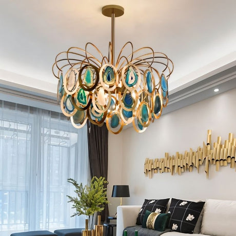 "An agate chandelier with an intricate iron frame in a luxurious interior design setting."