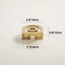 Brass circular drawer pull with squared base, dimensions: 1.6" x 1" x 0.8". Set against a white background.