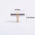 T-shaped cabinet pull in brushed brass and chrome with cream handle, shown with dimensions 2"/5cm width and 1.4"/3.5cm height.