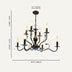 Black metal chandelier with nine candle-style lights and brass accents, displayed against a beige background.
