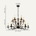 Black metal chandelier with ten candle-style lights and curved arms, displayed against a beige background.