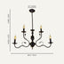 Black metal chandelier with five candle-style lights and curved arms, shown against a neutral background.