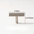 Brushed nickel textured T-bar cabinet knob and pull with dimensions labeled on white background.