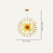 Gold starburst pendant chandelier with radiating rods on cream background, 50cm diameter.
