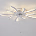 Modern chrome ceiling fan with integrated LED light strips radiating from center fixture against white ceiling.