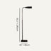 Black floor lamp with adjustable arm, shown against neutral background with dimensions labeled.