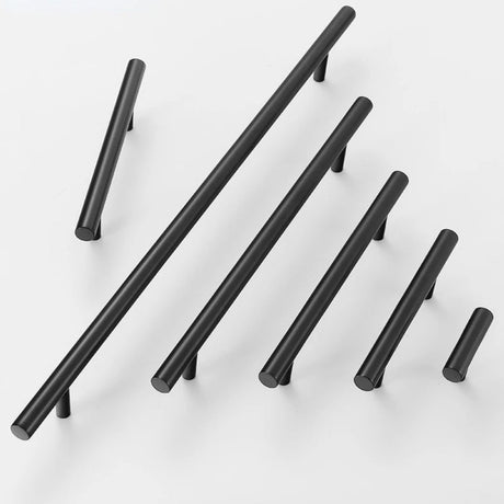 Black cylindrical cabinet pulls and knobs in various sizes displayed on a white background.