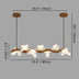 Wooden floral chandelier with white blossom shades, dimensions 25.5" x 59", hanging against a plain gray background.