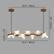 Wooden floral chandelier with white blossom shades, dimensions 25.5" x 59", hanging against a plain gray background.