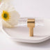 Transparent glass pull bar with brushed gold metal knob displayed on white surface with white flower in background.