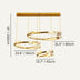 Gold multi-tiered round chandelier with feather-textured rings suspended from brass rod against white background.