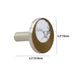 Brass cabinet knob with white marble inset, 1.1" width by 1.2" height, on white background.