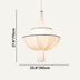 Cream fabric pendant light with pleated bowl shade and metal accents, shown with dimensions on neutral background.