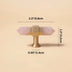 Rose quartz cabinet knob and pull bar with brass base shown with dimensions on beige background.
